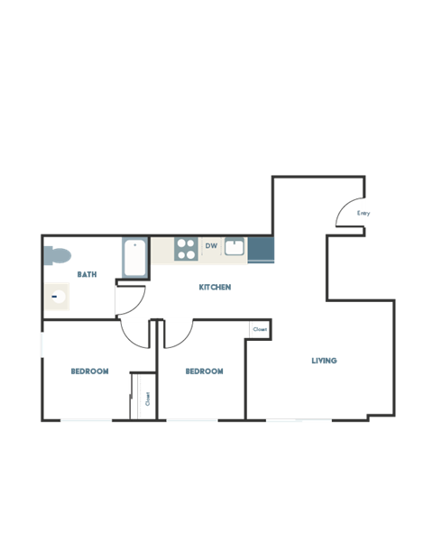 A floor plan of a house with a bathroom, kitchen, two bedrooms and a living room.